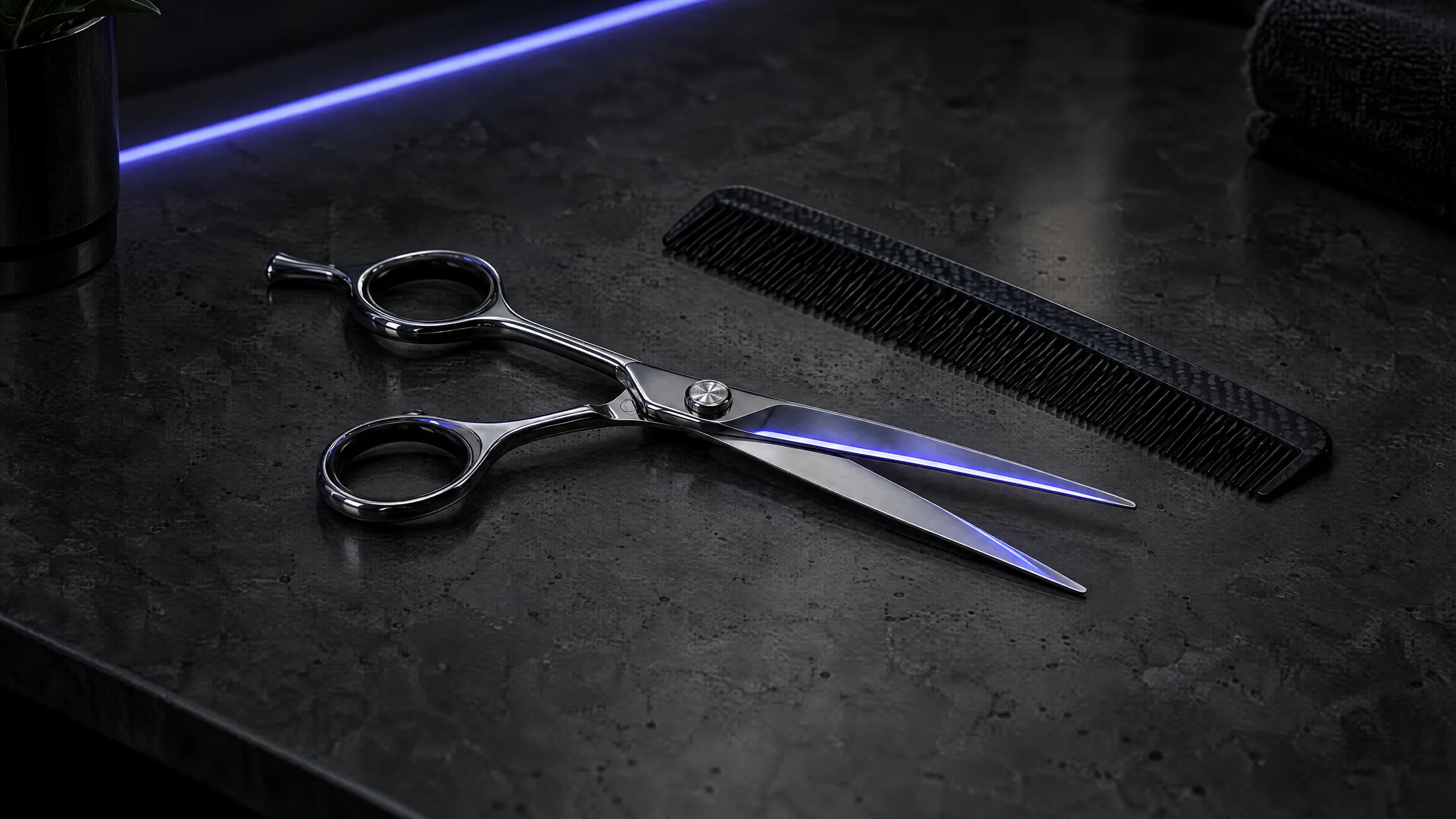 Steel barber scissors and a carbon comb on a dark counter