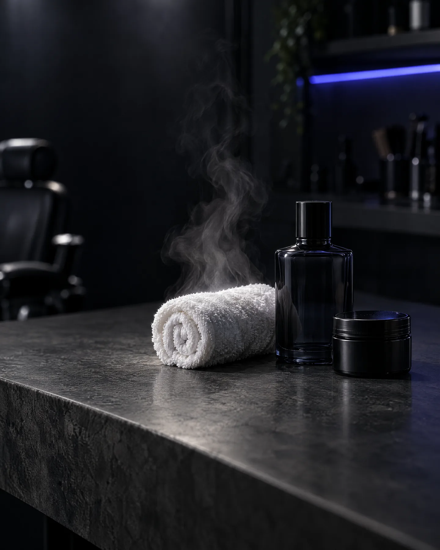 A rolled hot towel, aftershave and pomade on a dark counter
